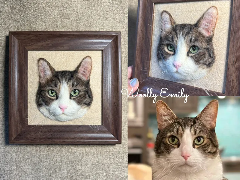 Needle felted tabby and white cat portrait in a dark wood frame with the reference photo