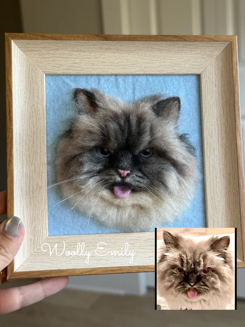 White and grey small dog needle felted portrait in a wooden frame with comparison photos