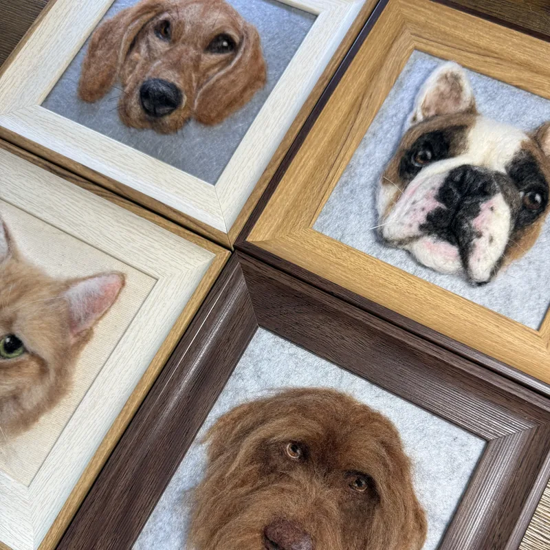 Framed needle felted dog portraits displayed together