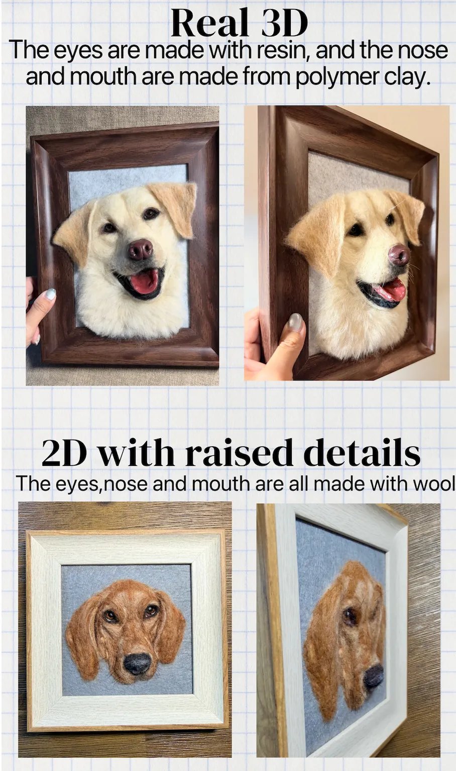 Comparison of a real 3D needle felted portrait, with resin eyes and polymer clay nose, and a 2D portrait with raised wool details