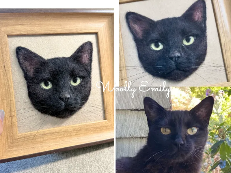 Framed needle felted portrait of a black cat with wool whiskers, beside the reference photo